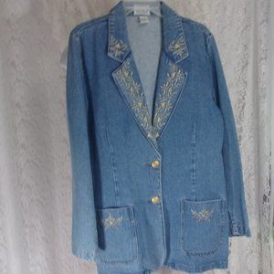 Carolina Blue Denim Jacket Gold Embroidery Vogue Layering Size L NWOT